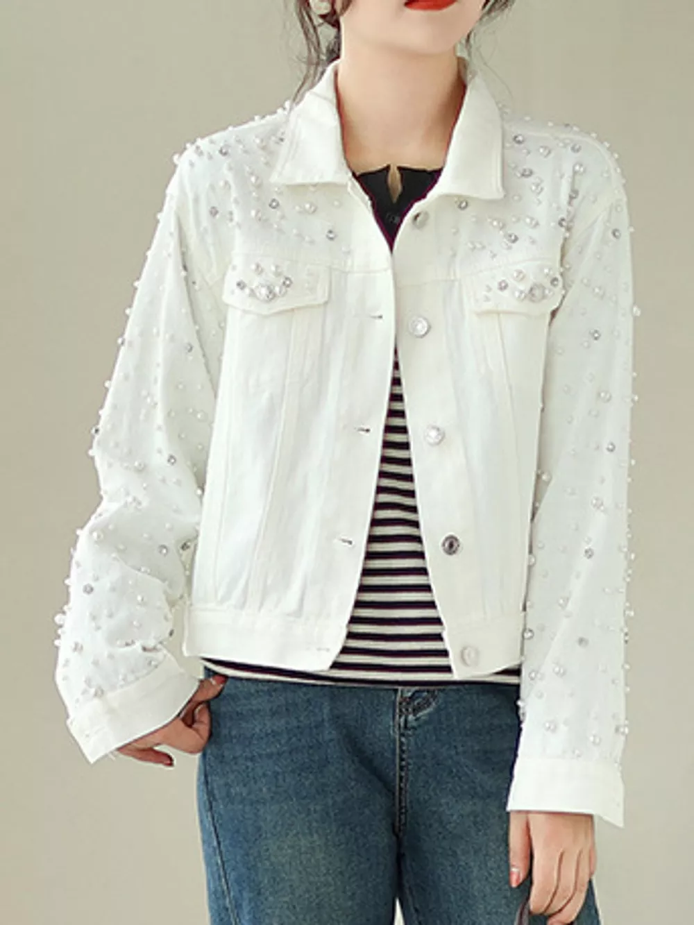 Pearl Detail Button Up Denim Jacket, image 8