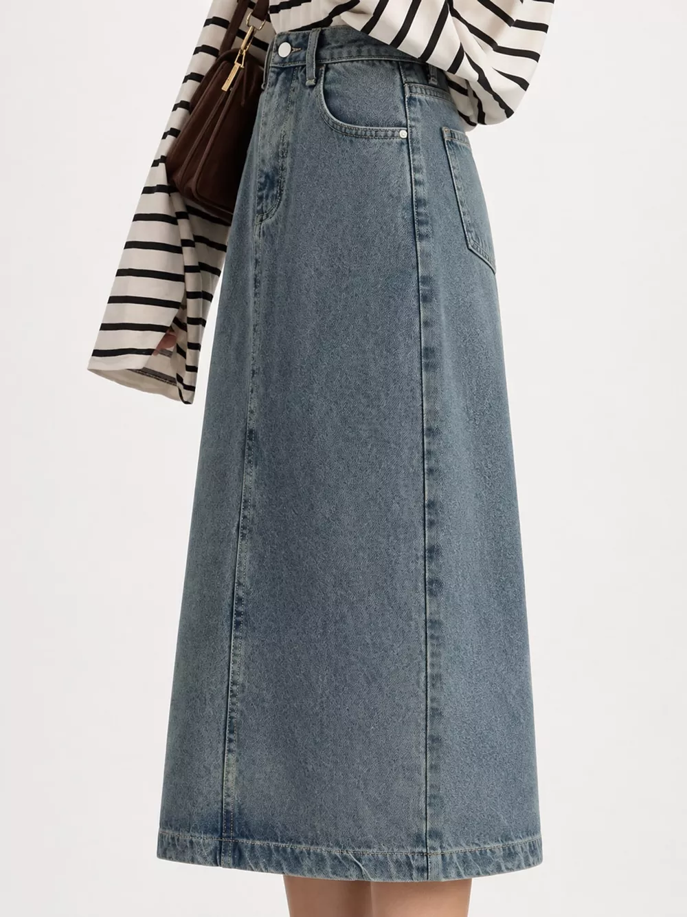 Full Size High-Waisted Vintage Wash Midi Denim Skirt Plus Size, image 12