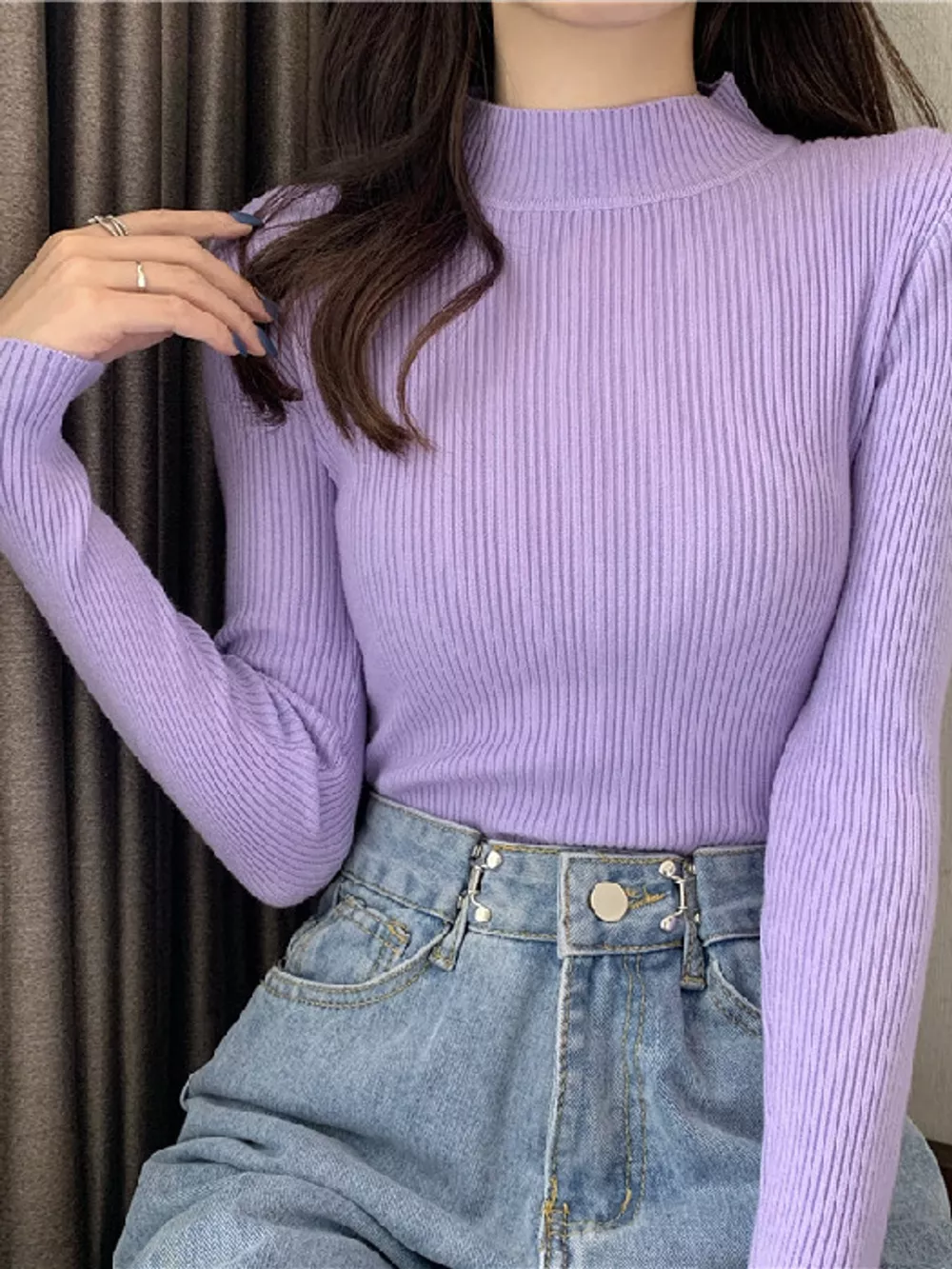 Elegant Slim-Fit Ribbed Mock Neck Knit Top, image 53
