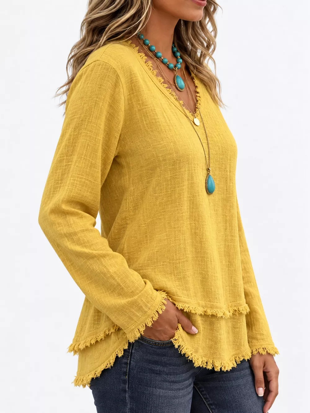 Full Size Frayed Hem V-Neck Long Sleeve Blouse Plus Size, image 32