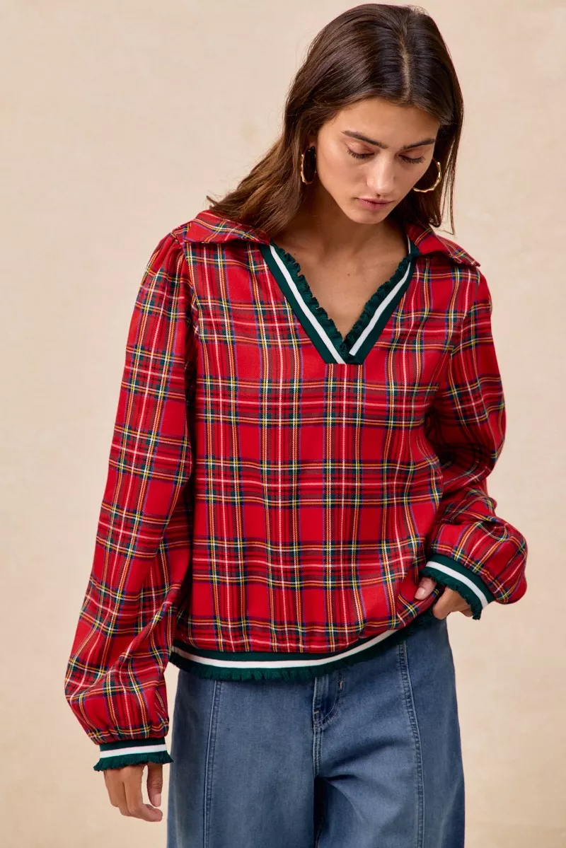 Christmas Plaid Collared Top with Ruffled Detail, image 14