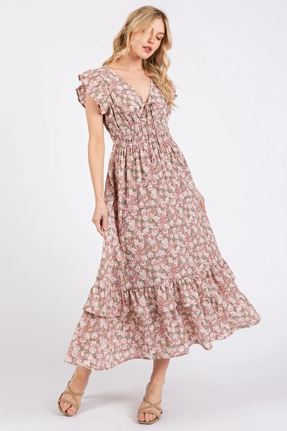 Flower Print Ruffle Cap Sleeve V-neck Midi Dress