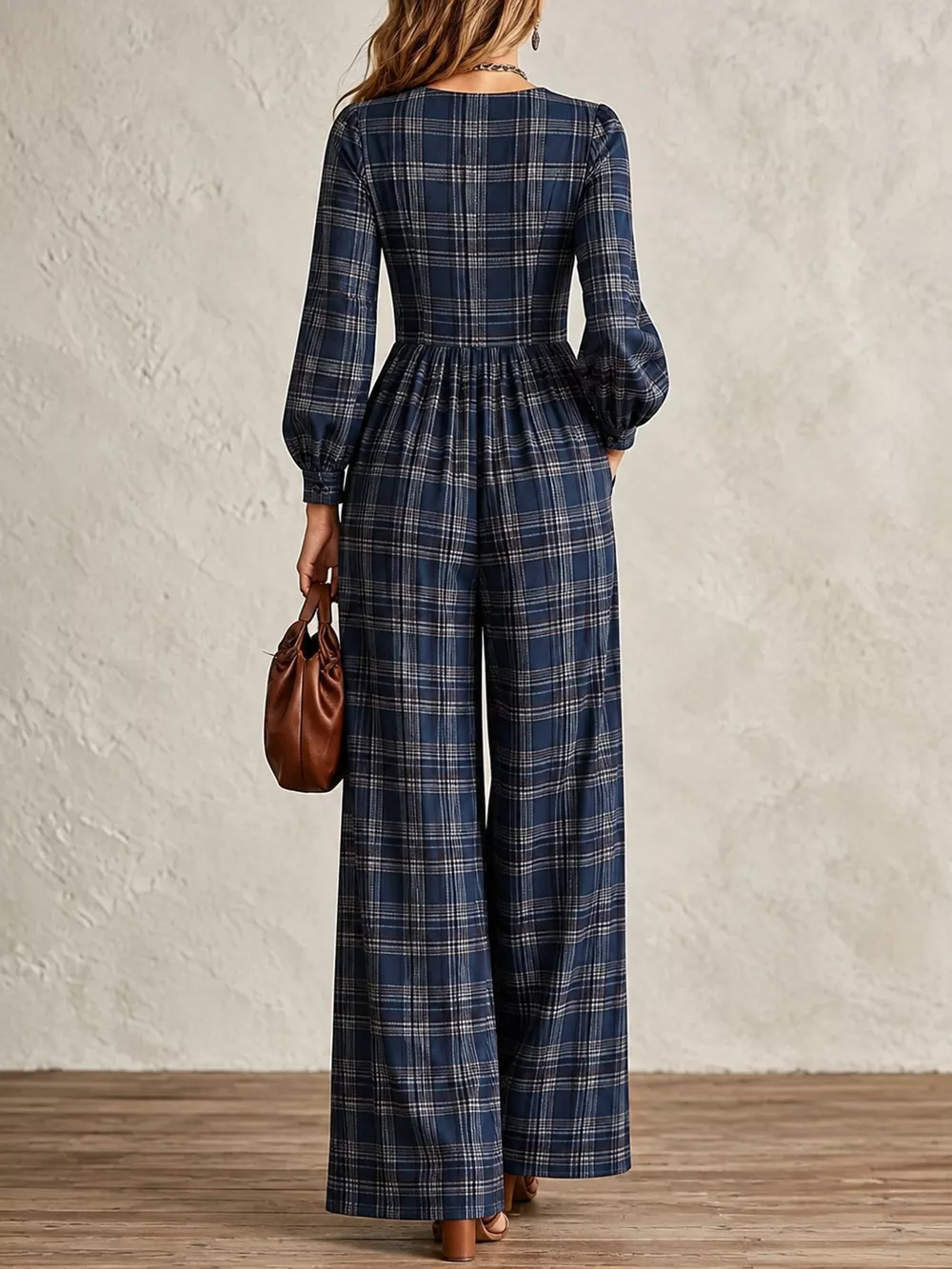 Plaid Square Neck Long Sleeve Wide-Leg Jumpsuit, image 7