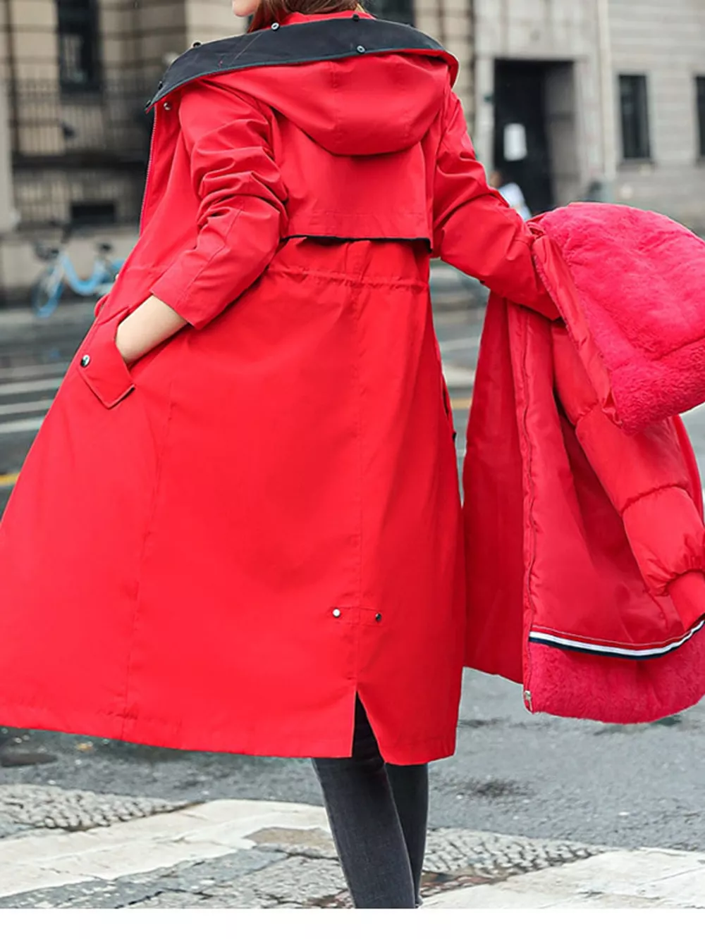 Plus Size Detachable Longline Hooded Parka with Faux Fur Trim and Drawstring Waist, image 39