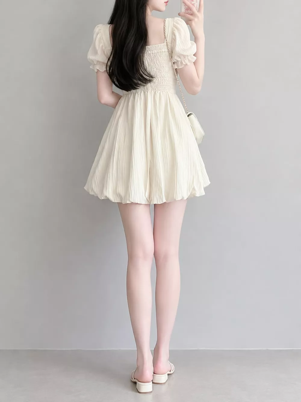 Puff-Sleeve Smocked Mini Dress with Tie-Front Detail, image 3