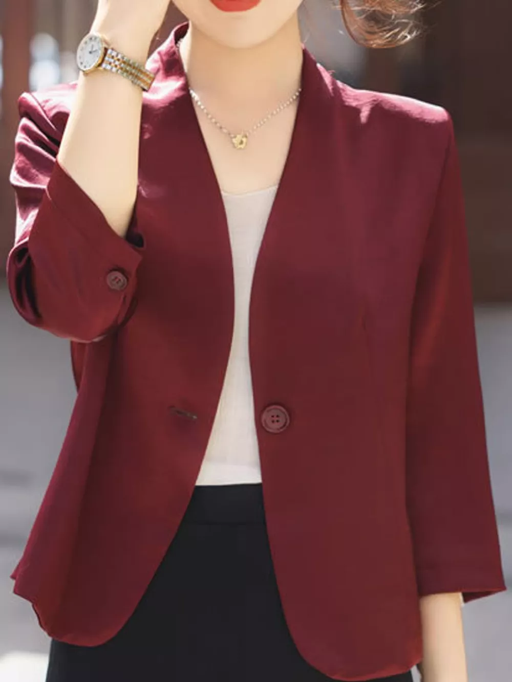 Plus Size Three-Quarter Sleeve One Button Blazer