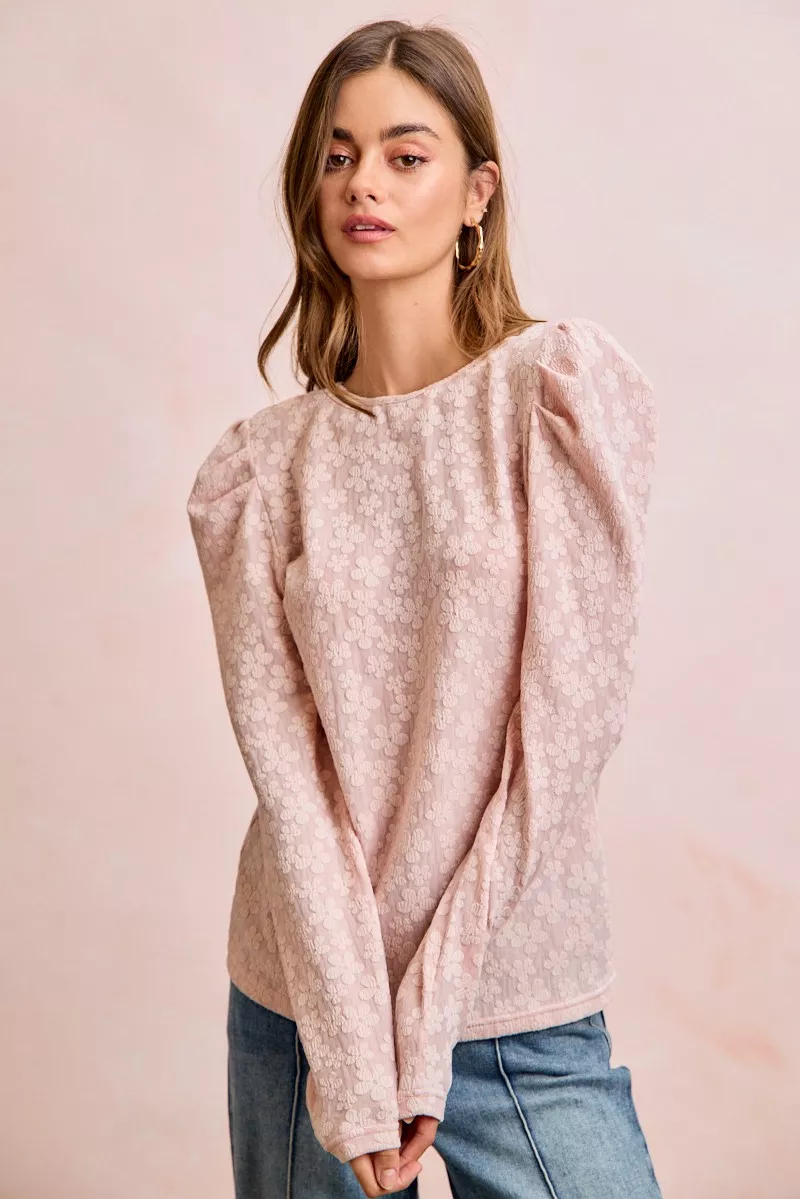 Textured Flower Knit Puff Shoulder Top, image 8