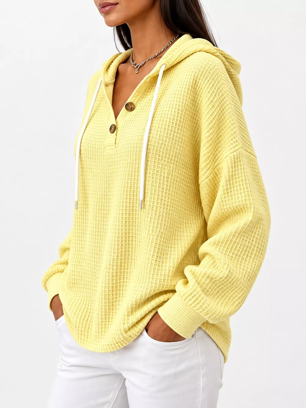 Full Size Waffle Knit Button Detail Hoodie Plus Size, image 12