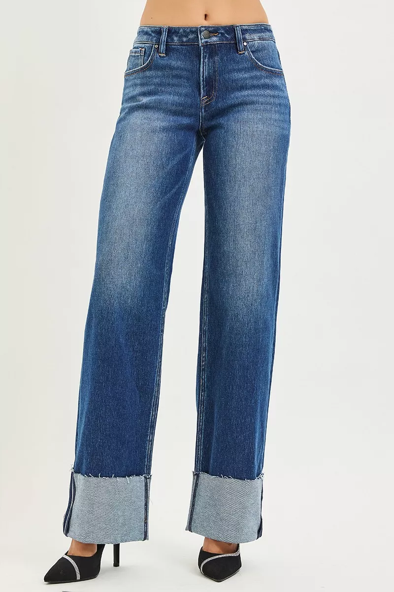 Mid Rise Wide Straight Jeans With Wide Cuff