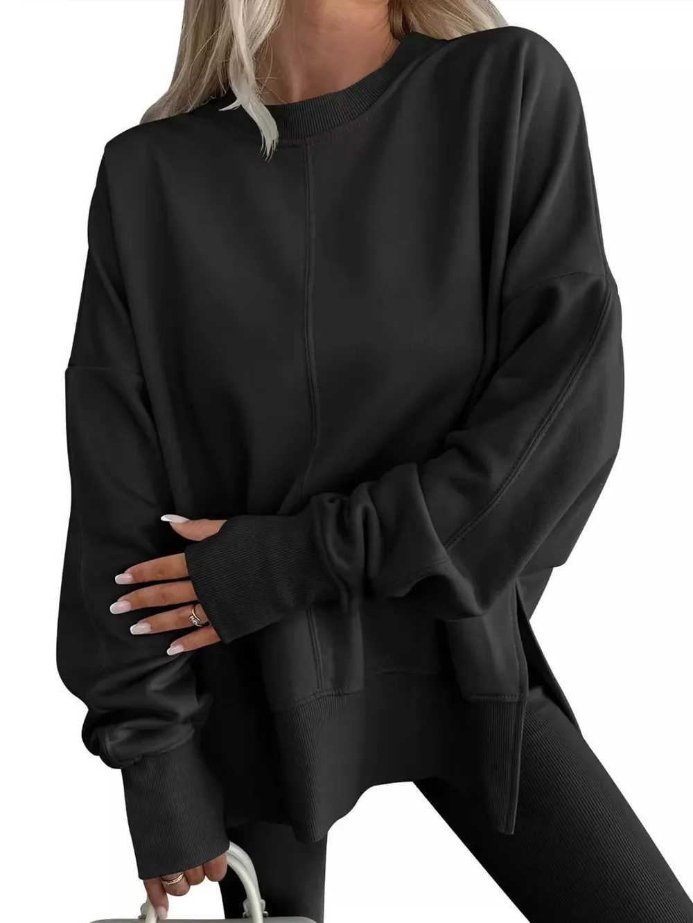 Oversized Crew Neck Sweatshirt with Side Slit, image 7