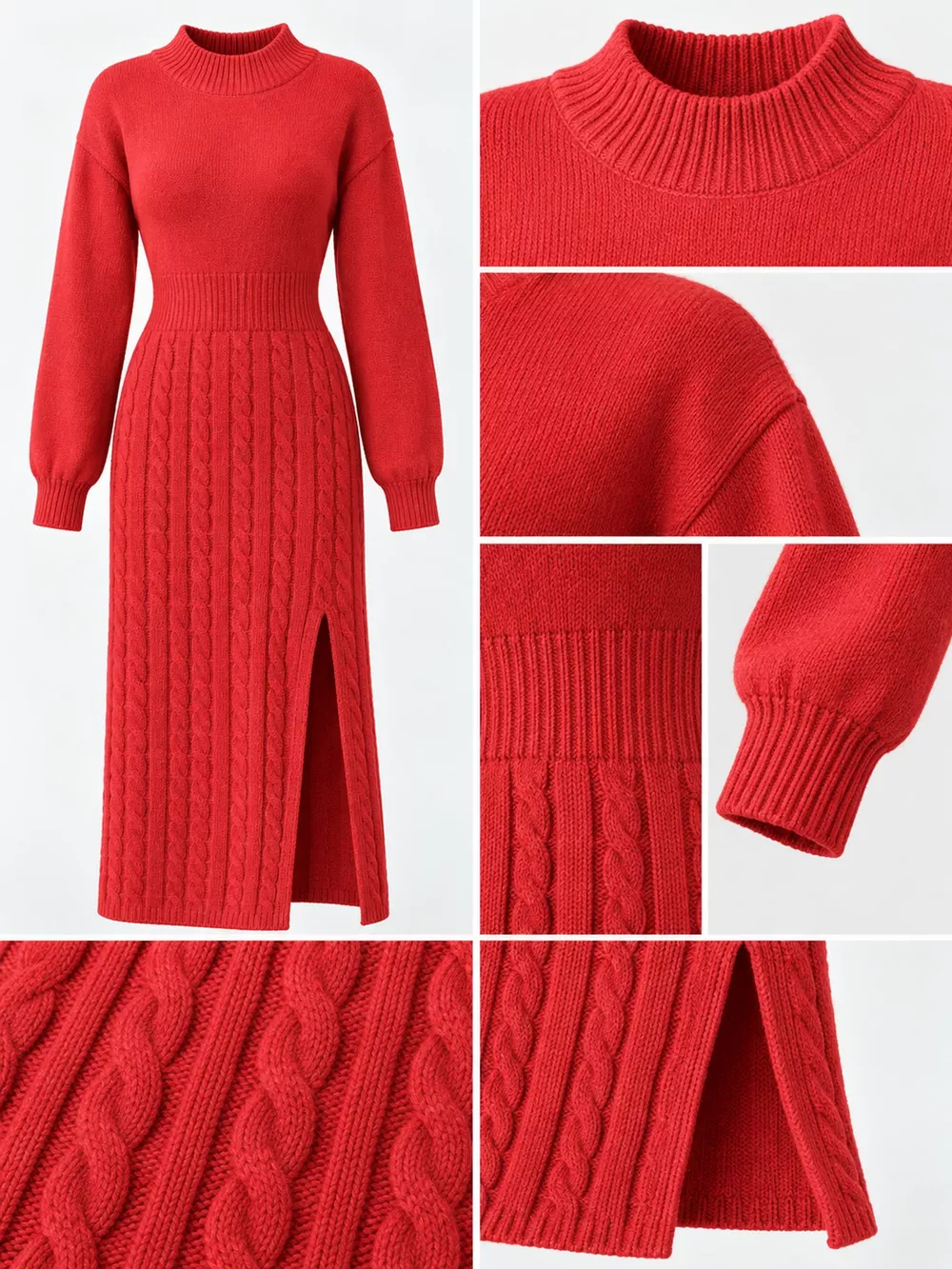 Full Size Mock Neck Cable Knit Sweater Dress with Front Slit Plus Size, image 24