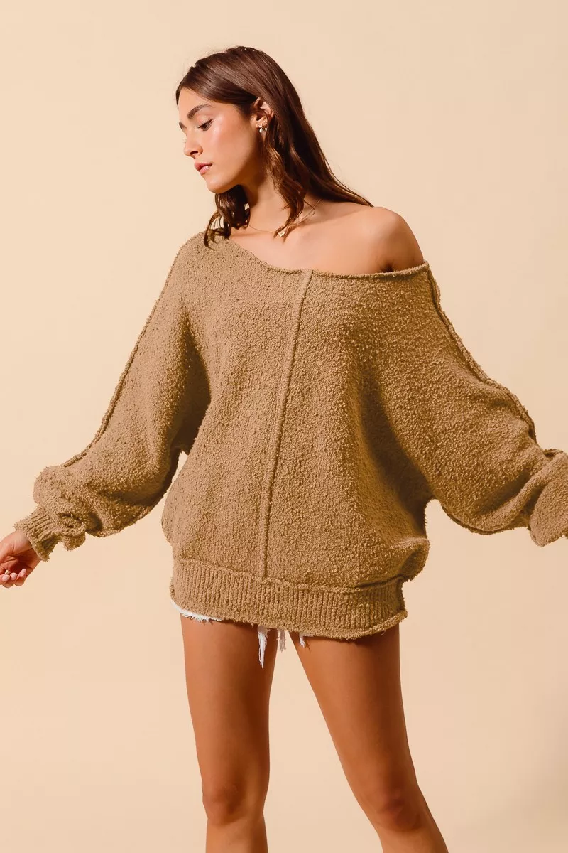 Loose Fit Exposed Seam Slouchy Boucle Sweater, image 4