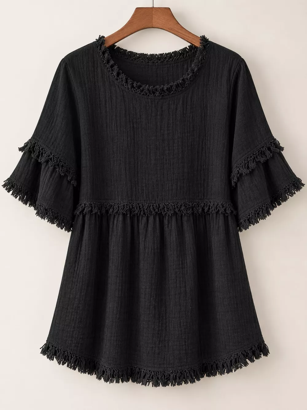 Full Size Frayed Edge Textured Blouse Plus Size, image 16