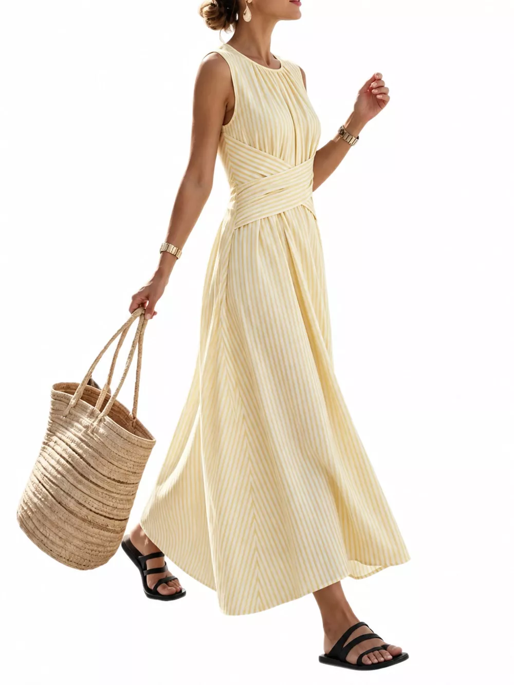 Full Size Sleeveless Striped Maxi Dress with Criss-Cross Waist Detail Plus Size, image 8