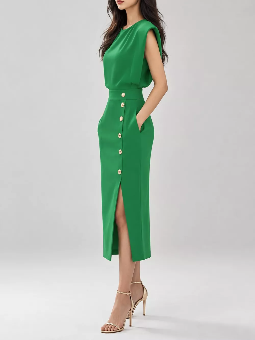 Sleeveless Midi Dress with Gold Button Detail and Side Slit, image 17