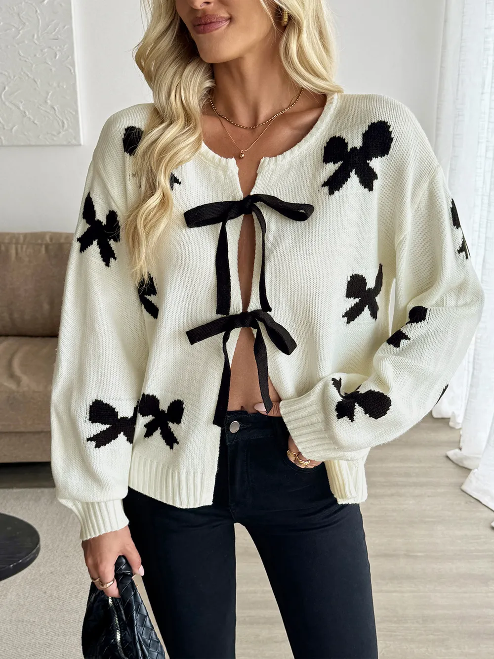 Bow Print Tie-Front Cardigan, image 7