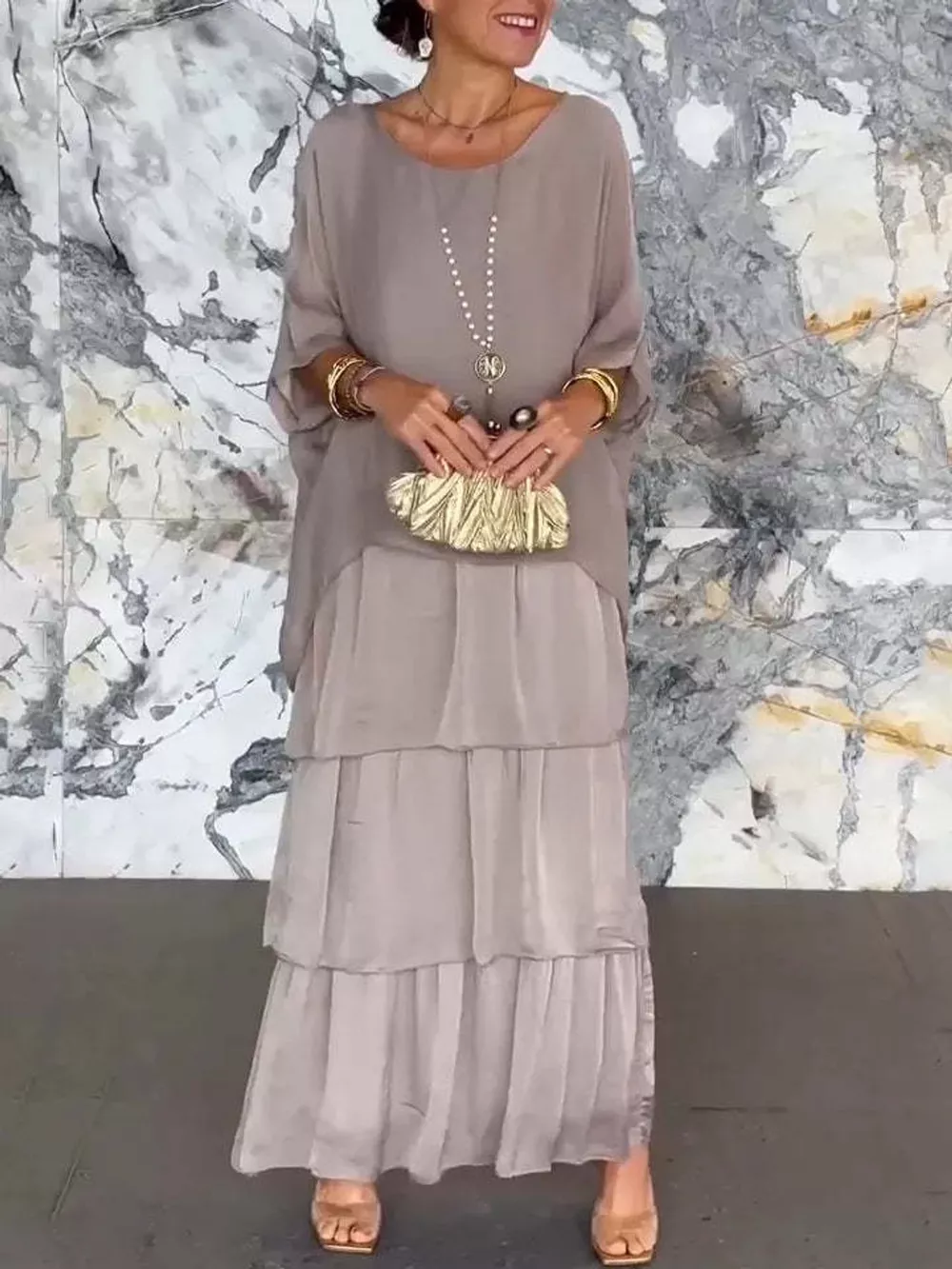 Full Size Layered Batwing Sleeve Maxi Dress Plus Size