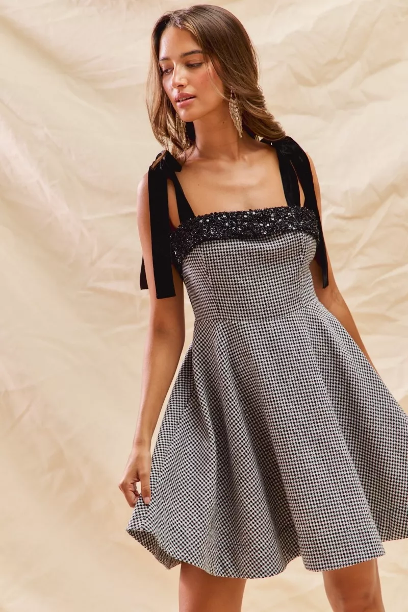 Houndstooth Fit Flare Mini Dress with Shoulder Tie, image 11