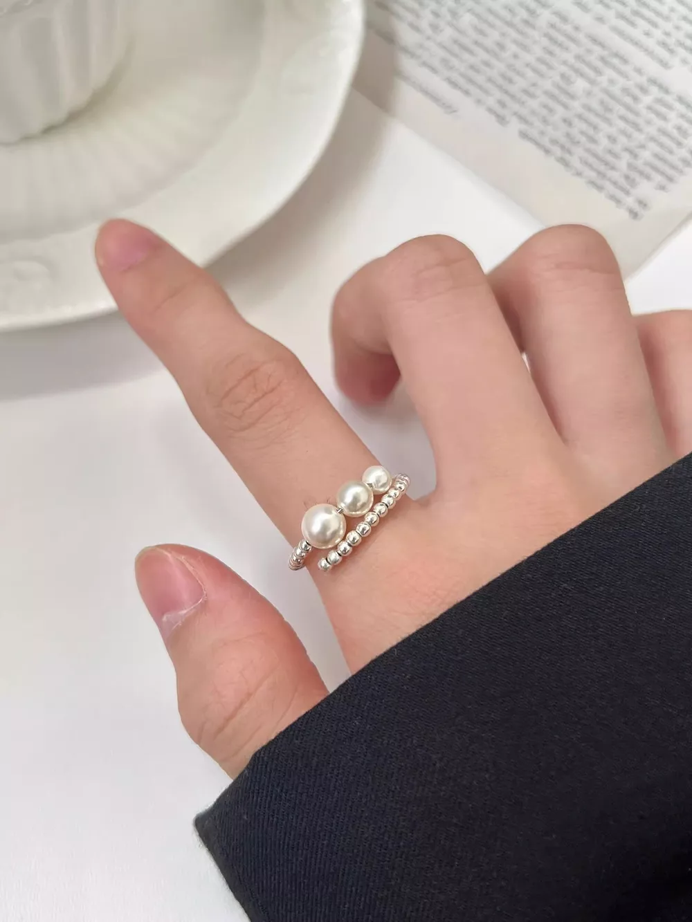Triple Pearl Beaded Bypass Ring, image 3
