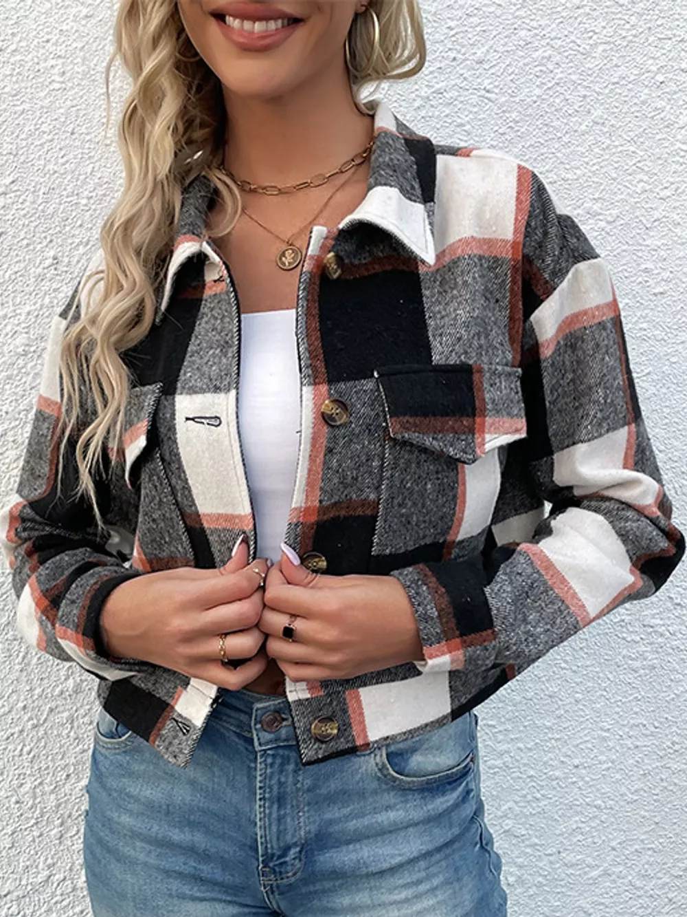 Plaid Button-Front Cropped Jacket, image 34