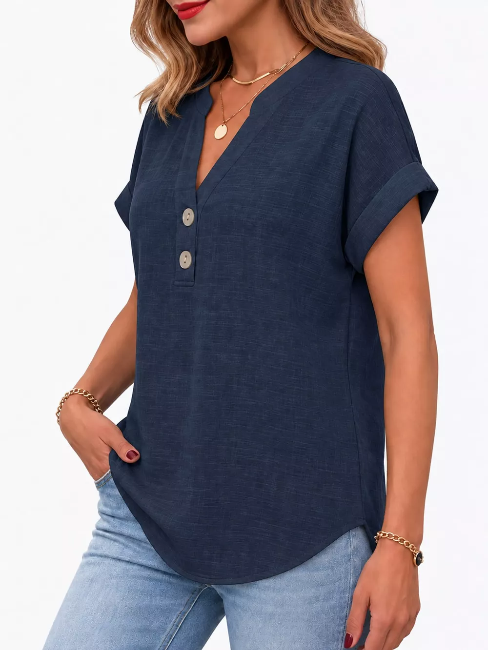 Full Size Button Detail Short Sleeve Blouse Plus Size, image 22