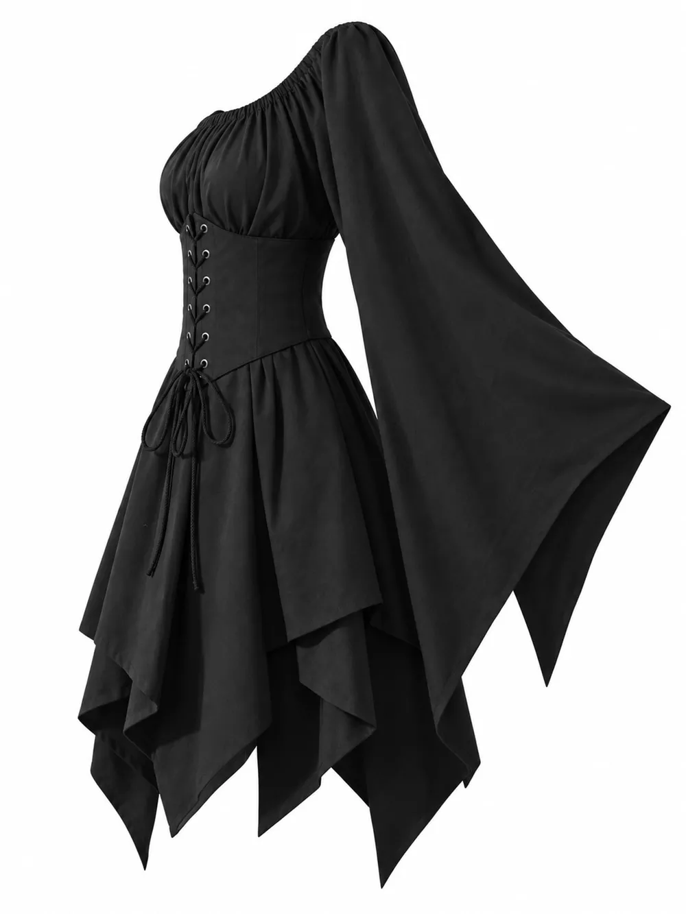 Full Size Lace-Up Flare Sleeve Irregular Hem Dress Plus Size, image 2