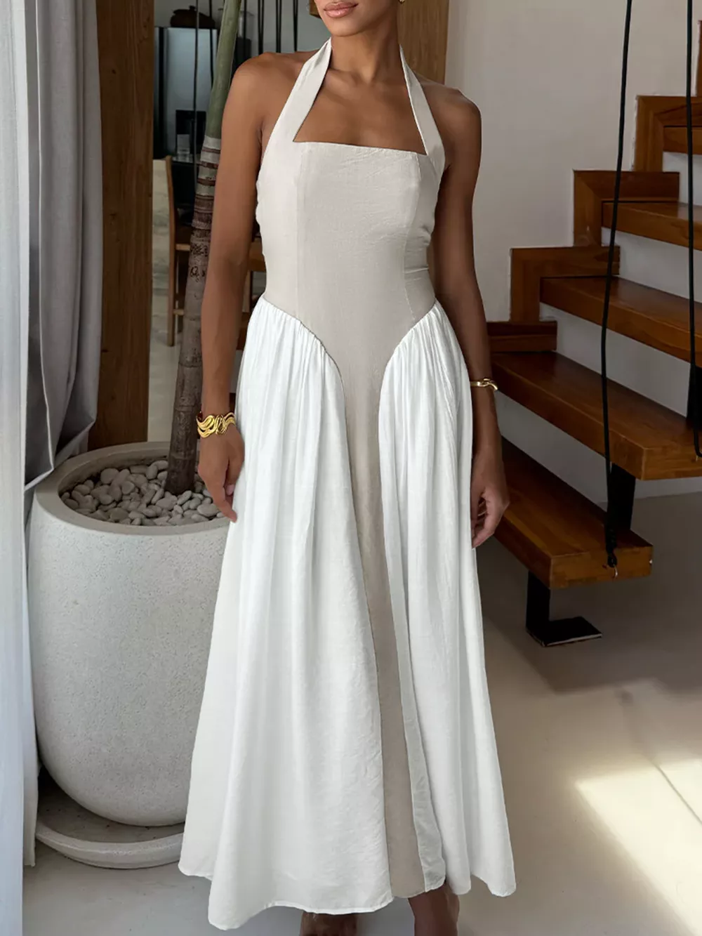 Halter Neck Two-Tone Maxi Dress