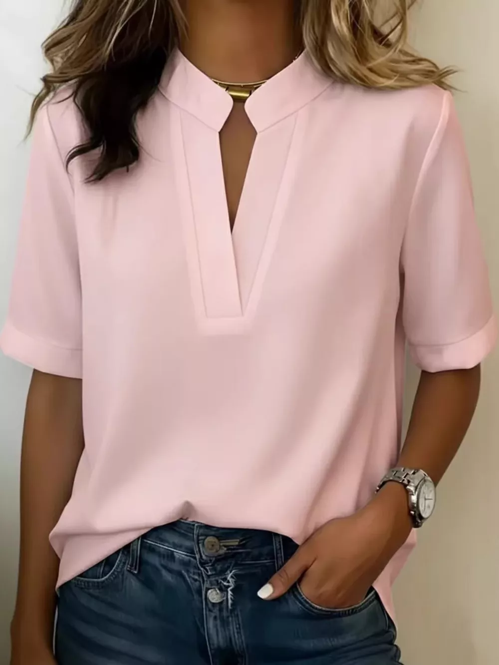 Full Size Notched Short Sleeve Blouse Plus Size, image 17