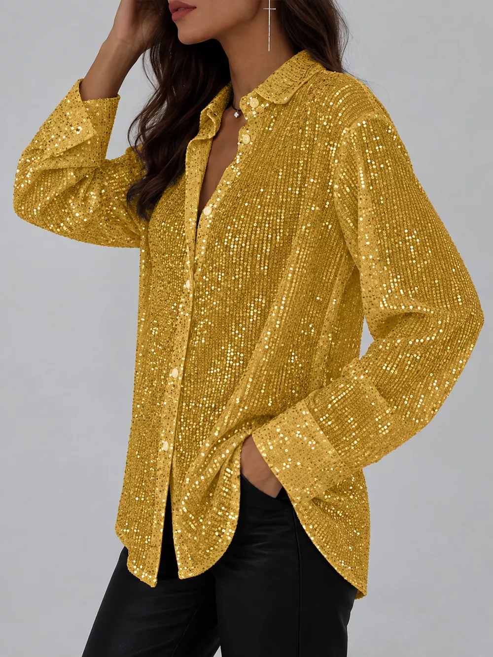 Full Size Sequin Button-Down Shirt Plus Size, image 27