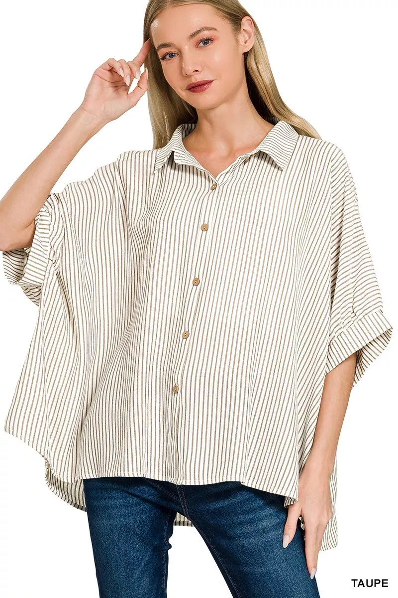 Full Size Woven Stripe Button Down Boxy Shirt Plus Size