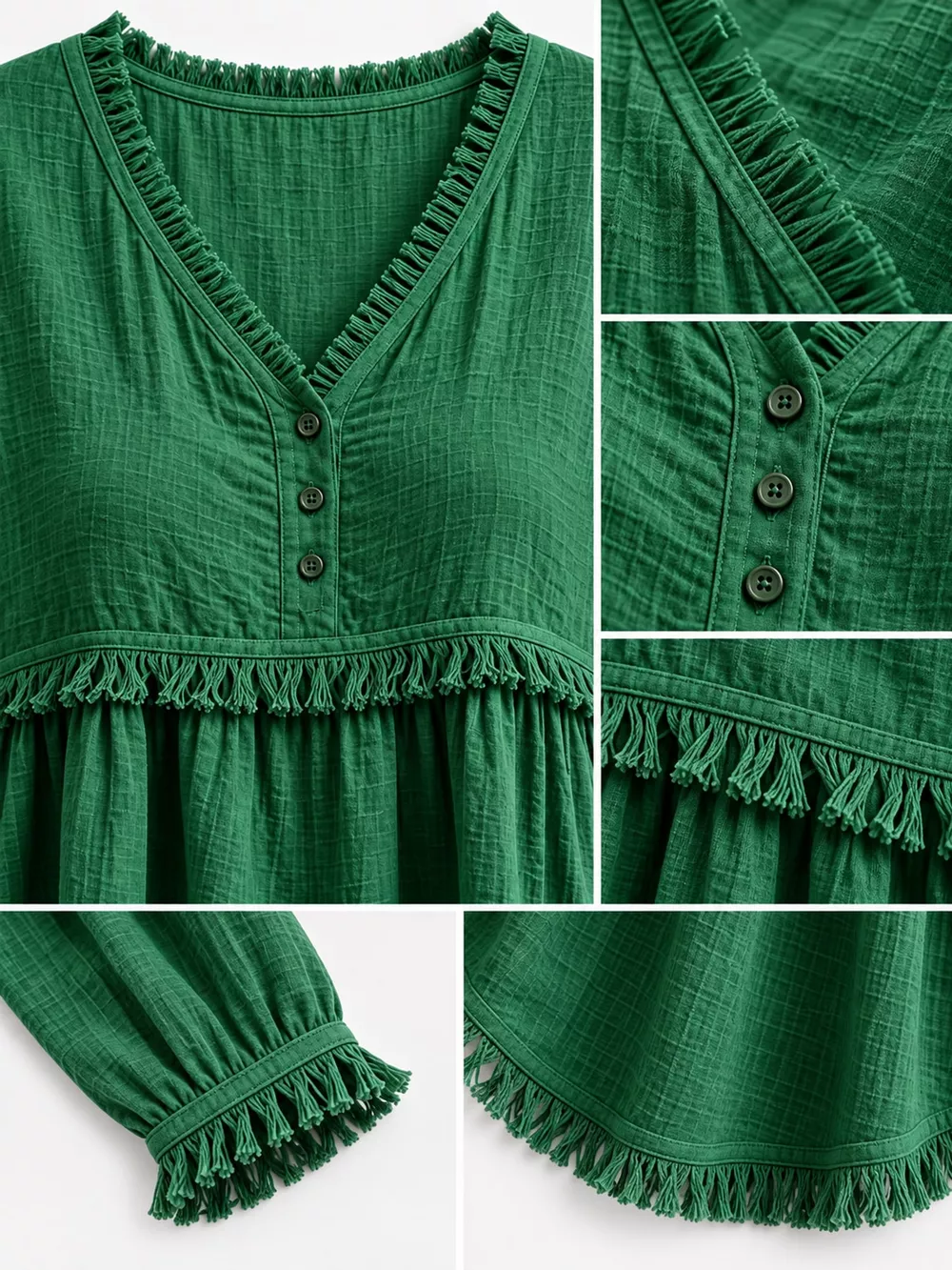 Full Size Fringed Trim V-Neck Long Sleeve Blouse Plus Size, image 73