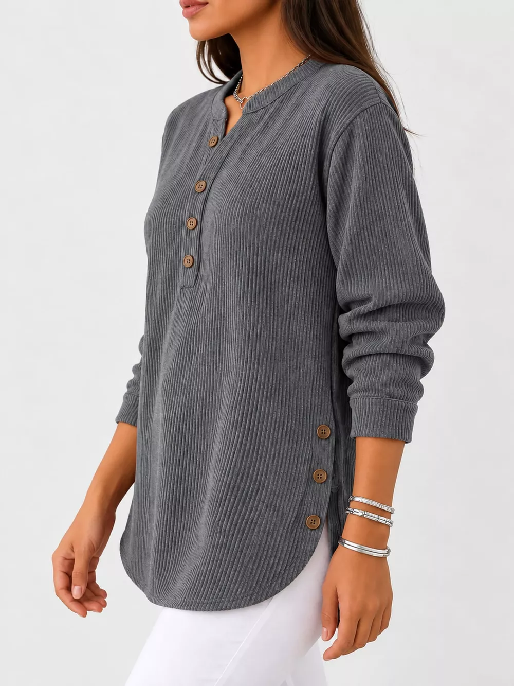Full Size Button Detail Long Sleeve Top Plus Size, image 39