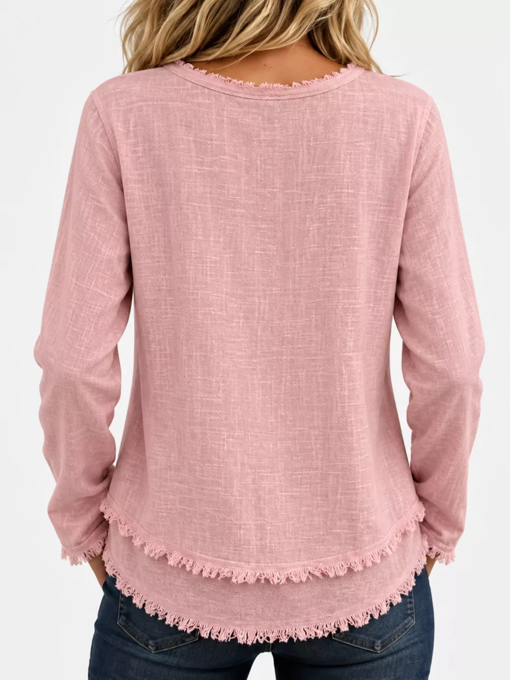 Full Size Frayed Hem V-Neck Long Sleeve Blouse Plus Size, image 38