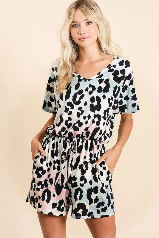 Gradation Leopard Soft Knit V-neck Romper, image 5
