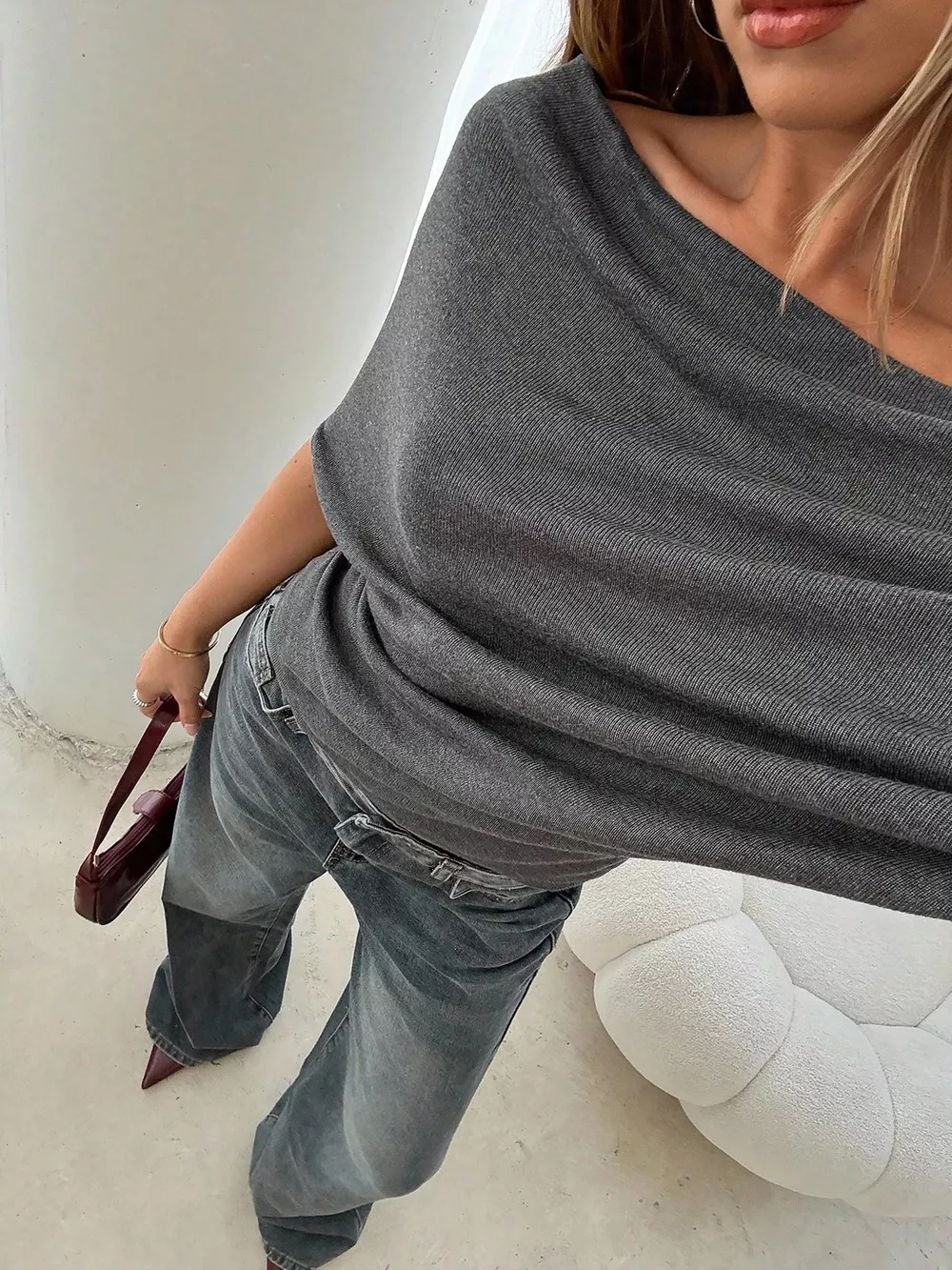 Off-Shoulder Ruched Knit T-Shirt, image 16