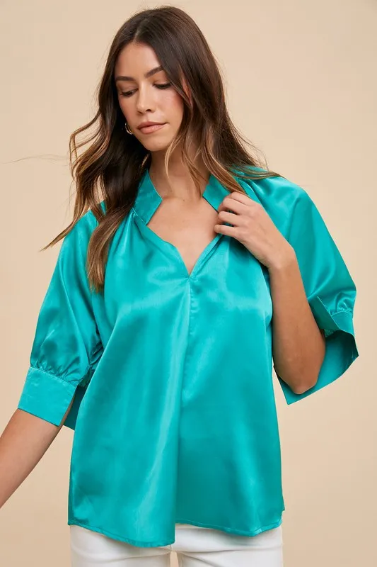 Satin V Neck Open Short Sleeve Woven Blouse Top, image 3