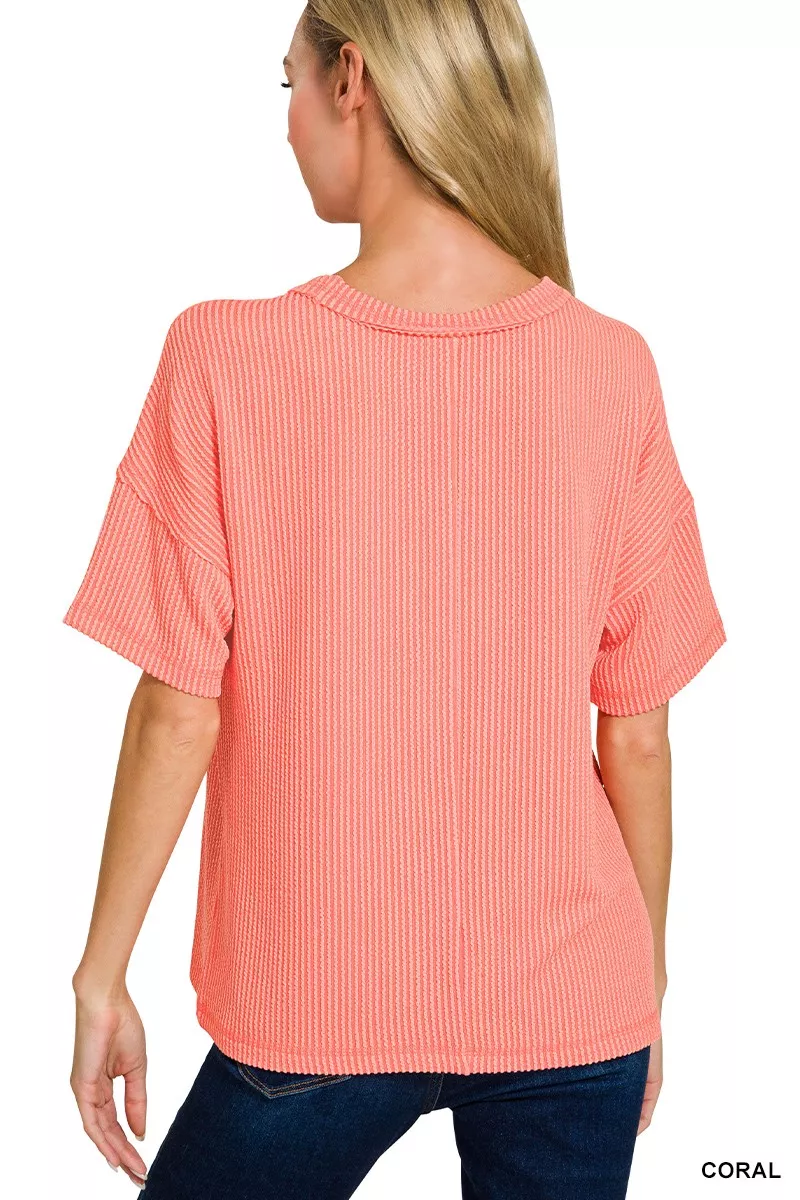 Raised Rib Exposed Seam Short Sleeve Top, image 2