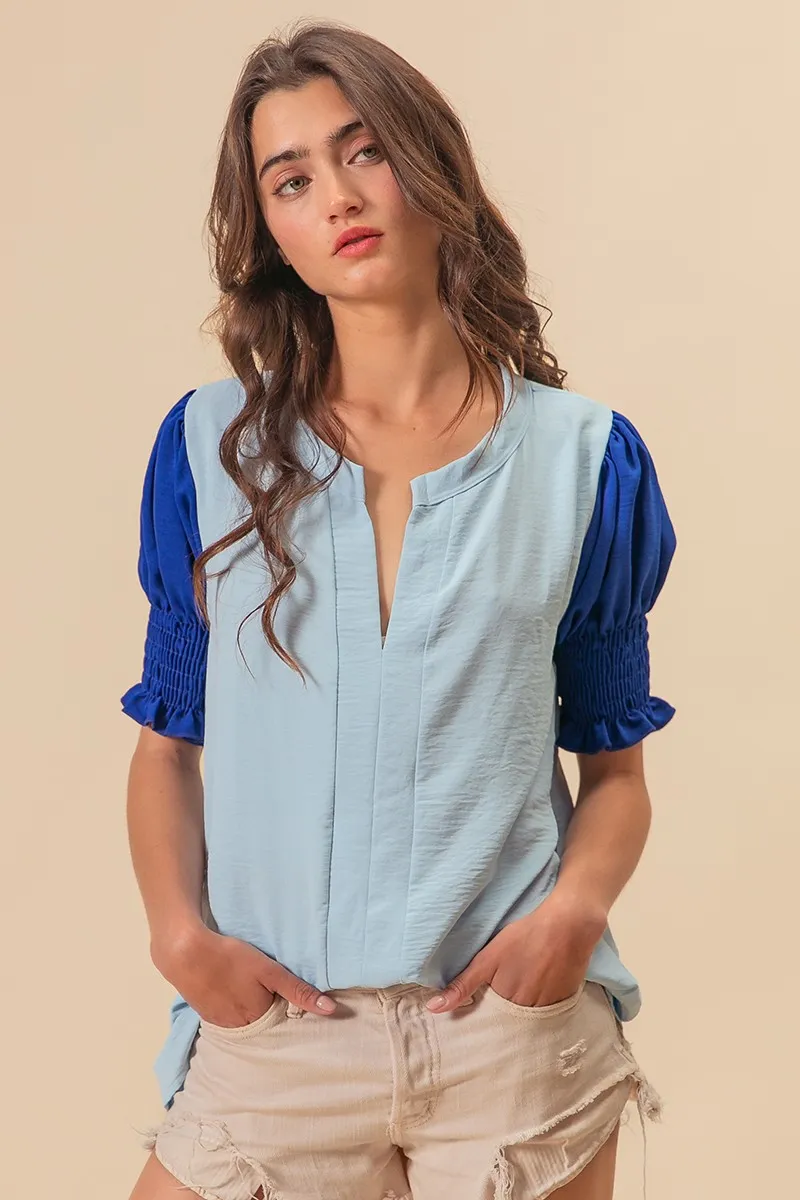 Air Flow Color Block Puff Sleeves V Neck Top, image 7
