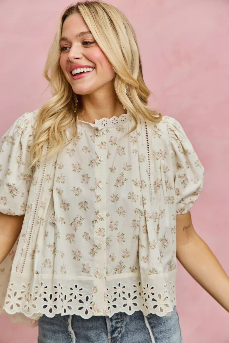 Floral Print Lace Trim Short Sleeves Blouse, image 8