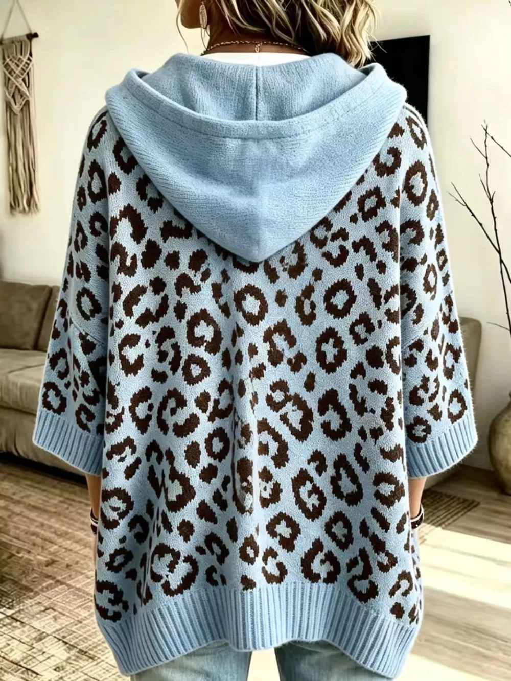 Full Size Leopard Print Hooded Knit Sweater Plus Size, image 6