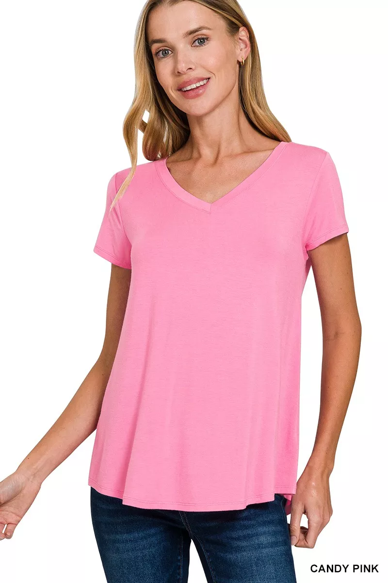 Rayon Short Sleeve V-neck Round Hem Top