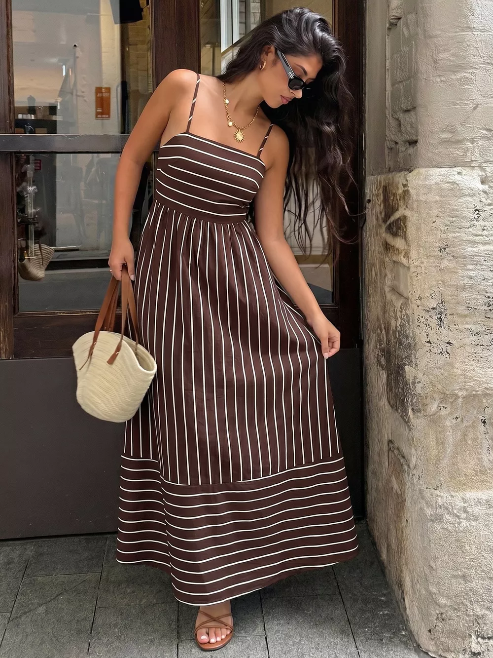 Striped Print Spaghetti Strap Maxi Dress, image 11