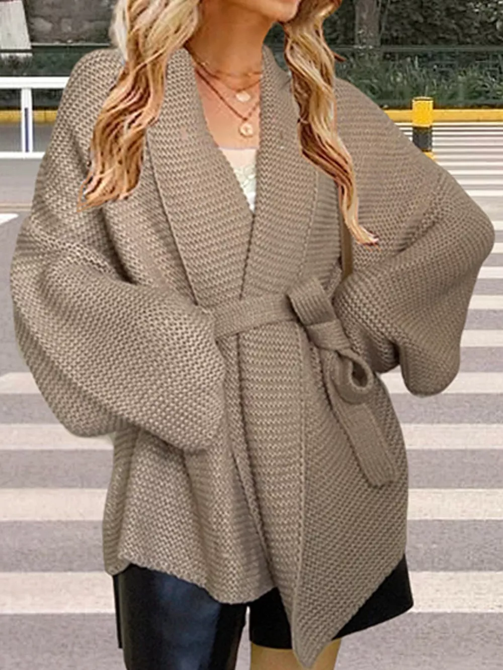 Full Size Belted Open-Front Knit Cardigan Plus Size