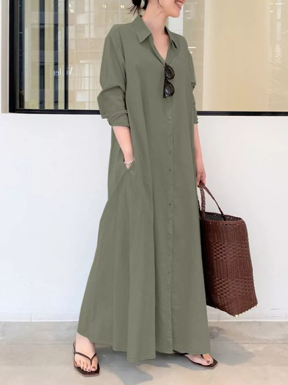 Full Size Button Front Long Sleeve Maxi Shirt Dress Plus Size, image 11