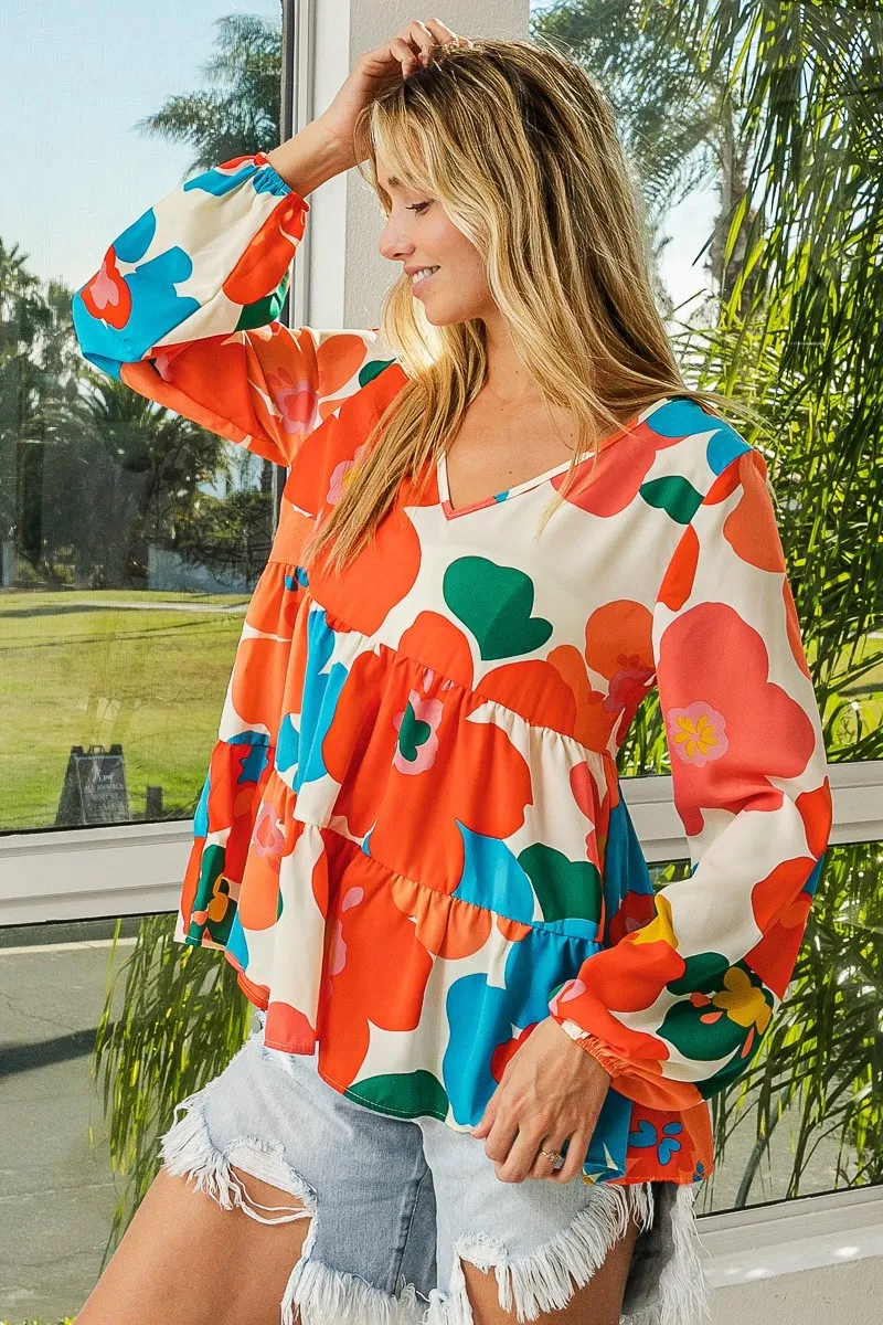 Floral Woven Tiered V Neck Top, image 2