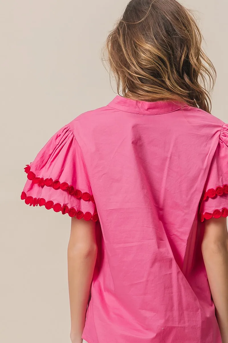 Dot Trim Flutter Sleeve Notched Top, image 14