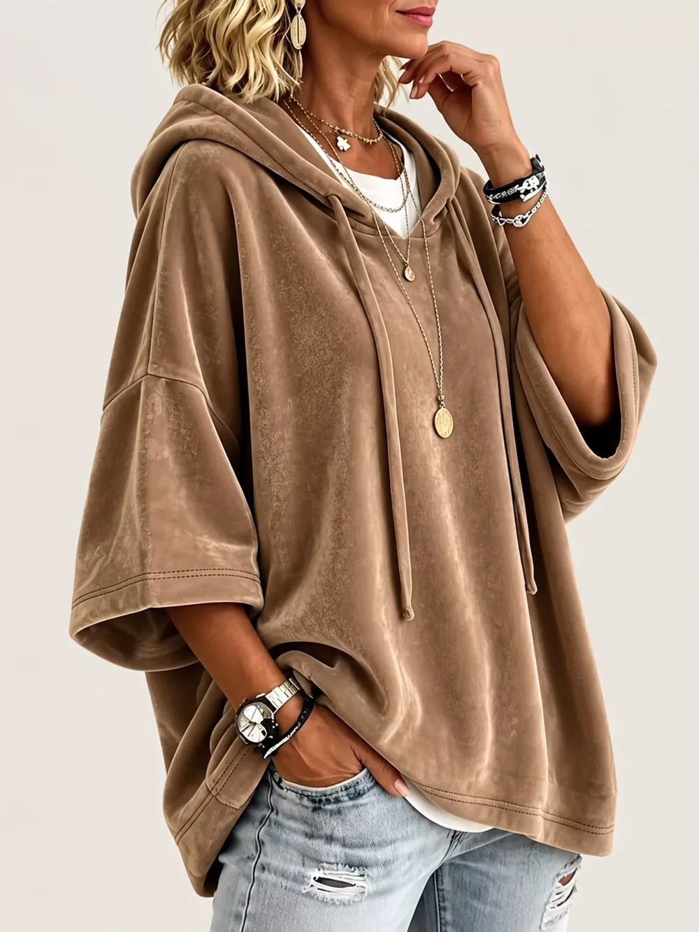 Full Size Velvet Half Sleeve Hoodie with Drawstring Plus Size, image 21