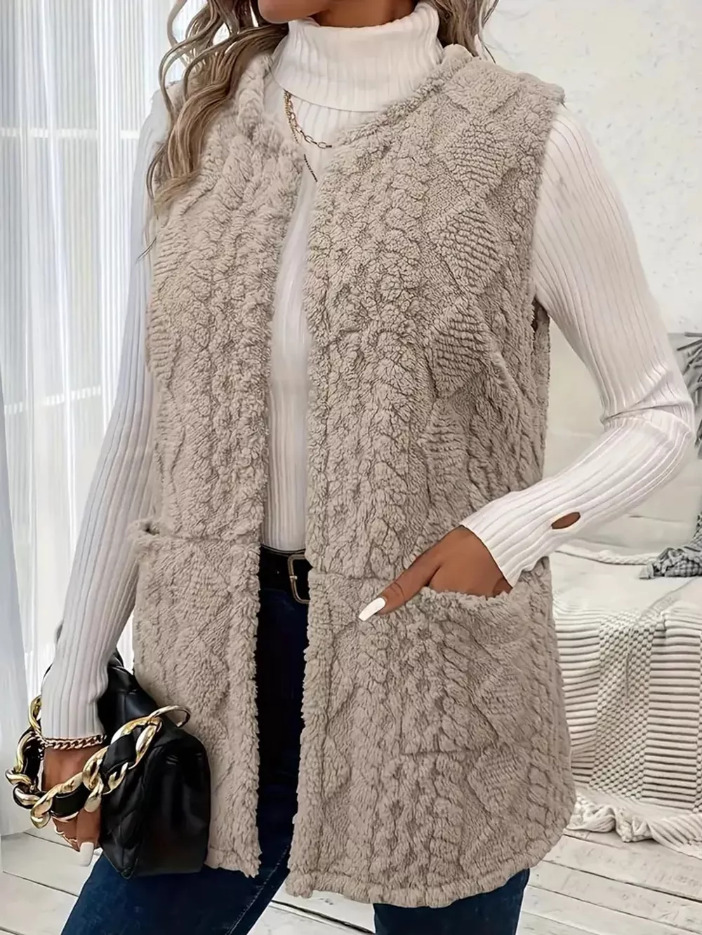 Sherpa Open Front Vest Coat, image 2