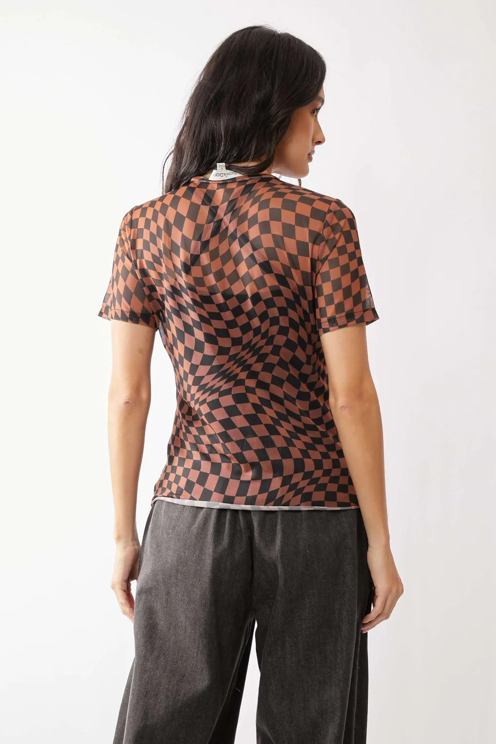 Checker Board Printed Mesh Short Sleeve Top, image 4