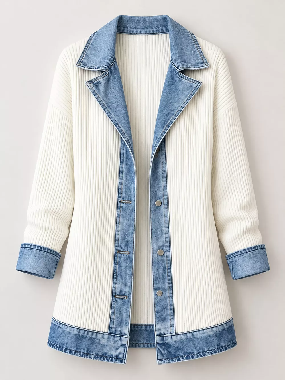 Full Size Denim Trim Ribbed Knit Cardigan Plus Size, image 16